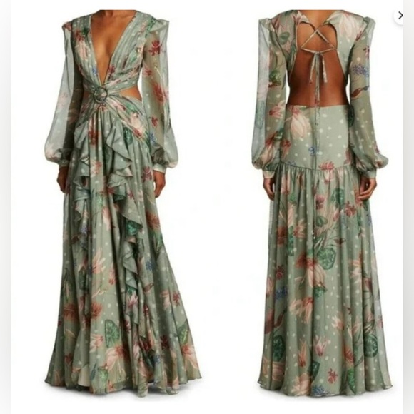 PatBO Green Halter Gown with Bishop Sleeves - Picture 3 of 6